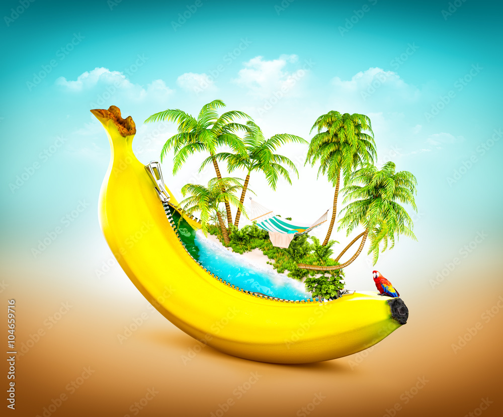 Sticker amazing tropical beach with palms inside banana