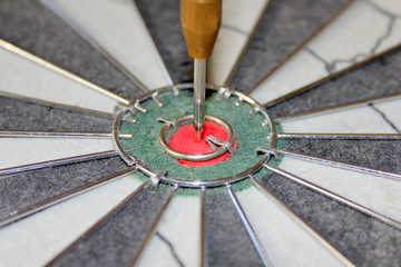 Close up of a dart in the bull's eye