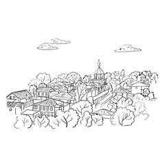 Sketch of the city. Doodle cityscape isolated on white. Hand drawn vector illustration. 