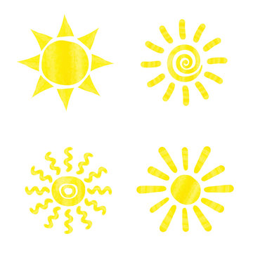 Set of watercolor sun icons. Collection of hand drawn symbols. Sun vector illustration. 