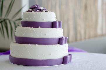 White and Violet Wedding Cake with Ribbons
