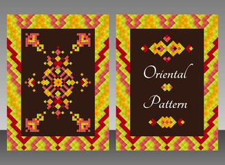 Vertical card with bright tribal geometric ornament. Vector background. Oriental motifs. Modern design elements with text template.