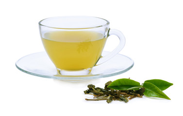 Fototapeta na wymiar Glass Cup Tea with green leaves on white background