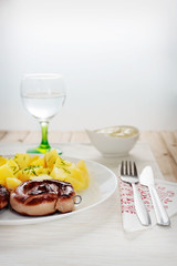 Fresh roasted sausage with potatoes and homemade mayonnaise