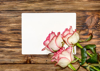 Blank greeting card and pink rose on wooden background