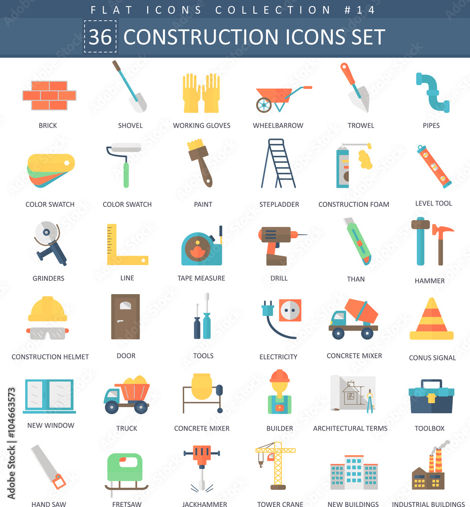 Poster vector construction color flat icon set. elegant style design.