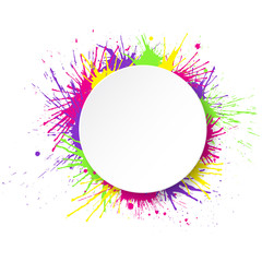 White round paper banner on colorful paint splashes background. Vector illustration.