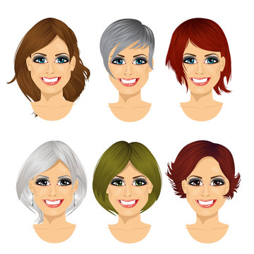 isolated set of middle aged woman avatar with different hairstyles