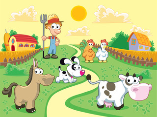 Obraz na płótnie Canvas Farm with farmer and animals