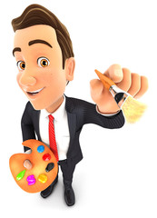 3d businessman with color palette and paint brush