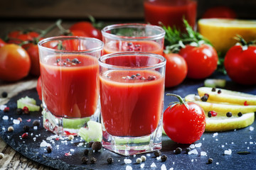 Tomato cocktail with tomatoes, lemon juice, celery, hot pepper a