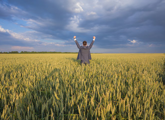 Happy businessman standing on the field to face the sky