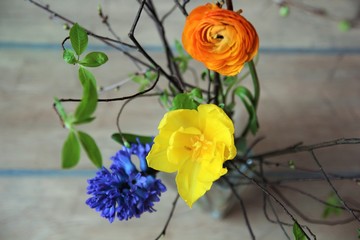 Spring bunch with fresh blue hyacinth, yellow tulip, orange ranunculus flowers on wooden background
