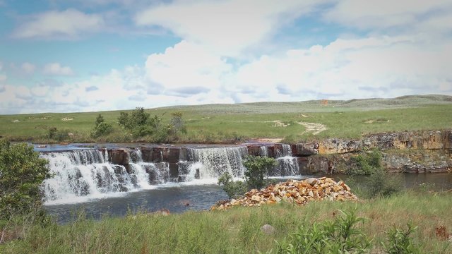 Chirimata Waterfalls or Salto Chirimata at Gran Sabana, Venezuela. Serra do Sol mountain, Brazil, in the background and near Roraima Mount.