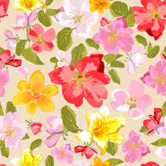 Seamless floral background. Isolated flowers and leafs. Spring flowers.