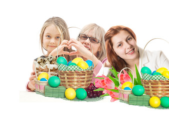 group of people and a basket with eggs