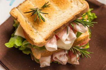 Toasted sandwich with bacon, cheese, tomato and lettuce