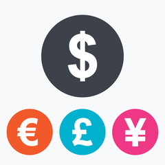 Dollar, Euro, Pound and Yen currency icons.