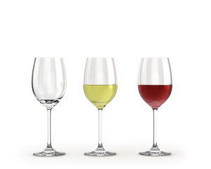 empty wine glasses with red and white wine isolated on white