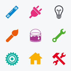 Repair, construction icons. Hammer, wrench tool.