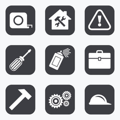 Repair, construction icons. Helmet, screwdriver.