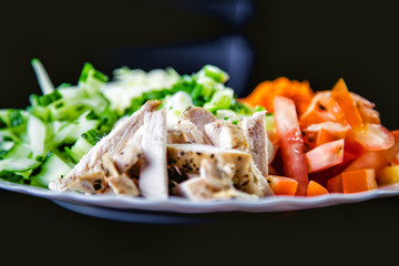 ingredients for the salad, meat, tomatoes carrots, tasty