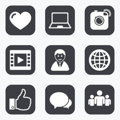 Social media icons. Video, share and chat signs.