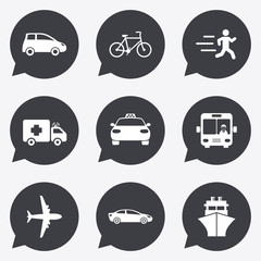 Transport icons. Car, bike, bus and taxi signs.
