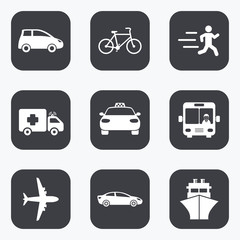 Transport icons. Car, bike, bus and taxi signs.