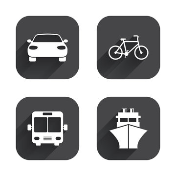 Transport icons. Car, Bicycle, Bus and Ship.