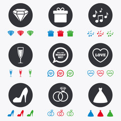 Wedding, engagement icons. Rings, gift box.