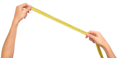 Human hand stretching a measure tape