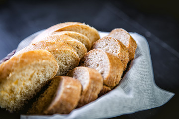 sliced bread in the basket, black and white bread