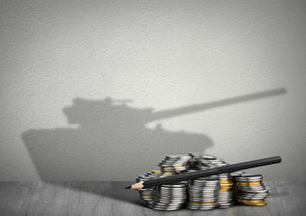 financing army concept, money with weapon shadow