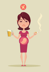 Pregnant smoking woman. Vector flat illustration
