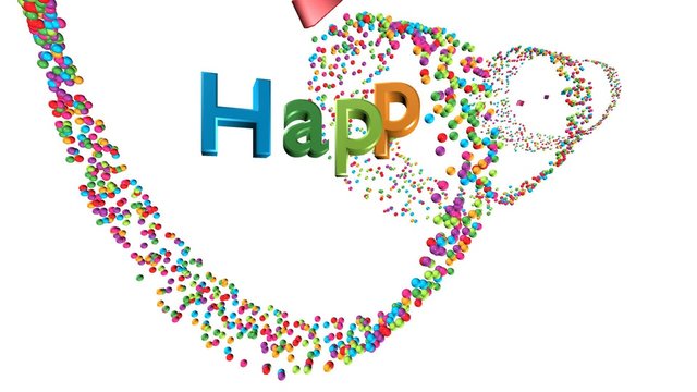 3D: HAPPY BIRTHDAY vor einer Spirale aus bunten K&uuml;gelchen &ndash; Film, Video, Animation