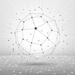 Triangular abstract monochrome lined 3D illustration, vector digital eps8 lattice messy technology background with spherical object.