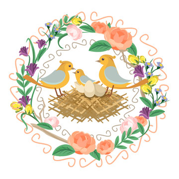 Floral frame with nest. Vector flat illustration