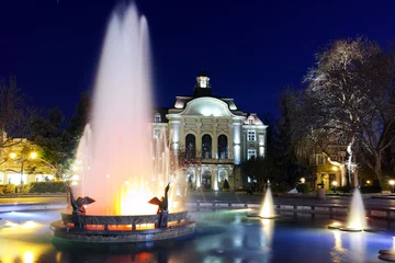 Foto op Canvas Night photos of Fountain in front of city hall in the center of Plovdiv, Bulgaria © Stoyan Haytov