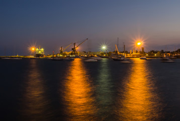 the industrial port Evpatoria at night. Crimea, Ukraine