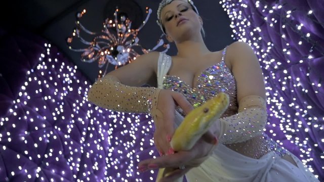 Beautiful blonde girl and python