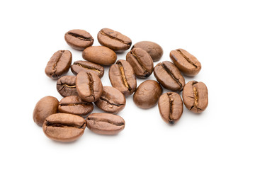 Coffee beans isolated on white background, closeup, macro