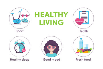 Icons healthy living, sport, food, clock, woman portrait