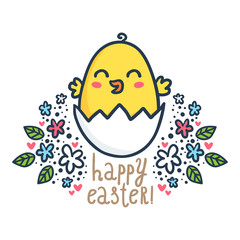 Vector Easter greeting card design template with cute sketchy chick