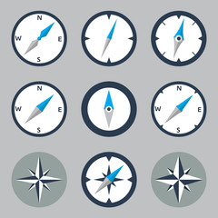 Compass and Windrose Flat Icons Set