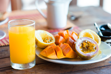 Tasty exotic breakfast at outdoor restaraunt