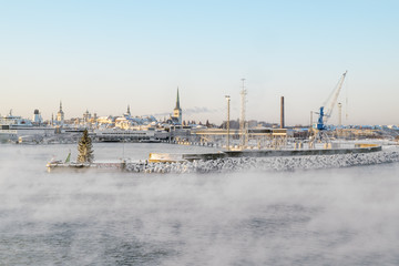   view of the port of Tallinn and the Baltic sea winter. Estonia