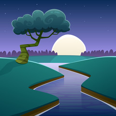 Cartoon illustration of night rural landscape with river over land.