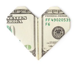 One hundred dollars folded into heart isolated