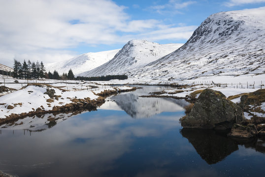 The River Lyon And Surrounding Mountains In Glen Lyon Scotland In The Still Of Winter, Scotland.